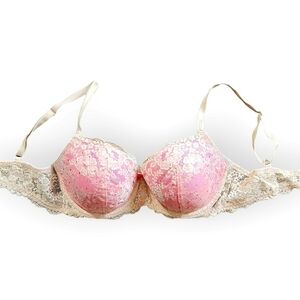 Victorias Secret Dream Angels Lined Demi Bra 34DD Beige Pink Lace Rhinestones